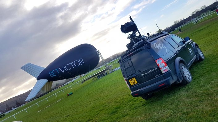 aerial camera, filming, horse racing, cheltenham, wire, tracking vehicle, blimp, eyeflyer